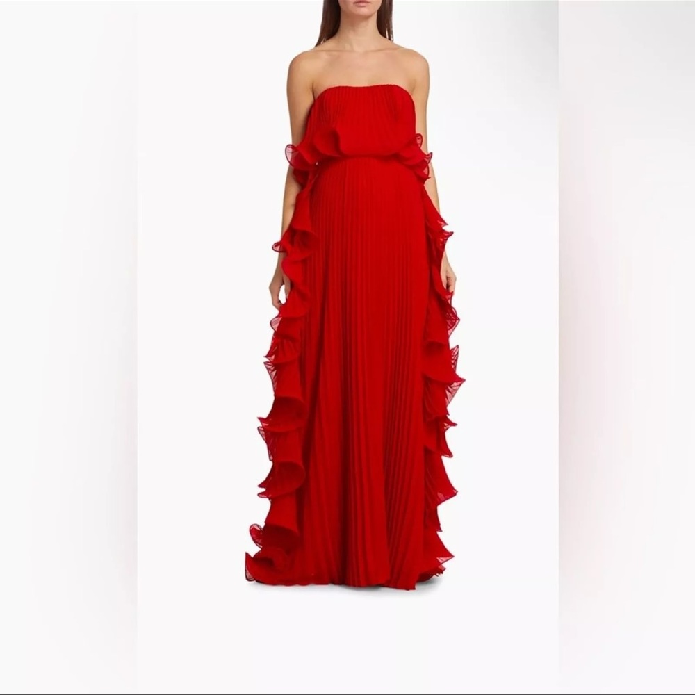 Badgley Mischka Strapless Pleated Ruffle Gown - Picture 2 of 14